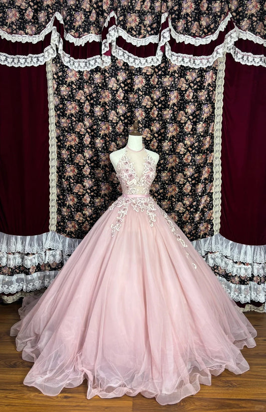 Sweet Halter Appliques Beading Tulle Ball Gown Long Prom Dress Evening Dress D2231