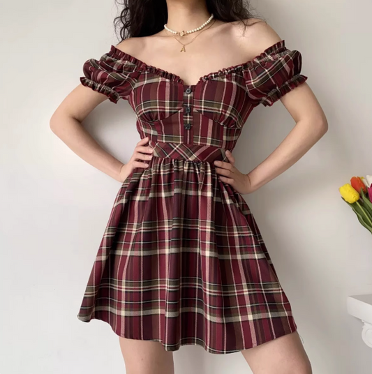 Casual Checkered Dress A Line Off the Shouler Short Skirt Women Teenage Girl Dress D2269