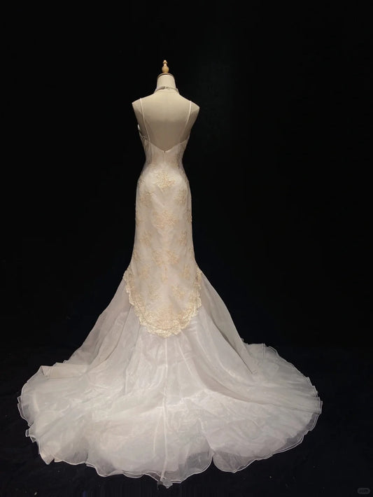 Elegant Wedding Dress Spaghetti Straps Lace Train Wedding Dress Evening Dress Gala Dress D2304