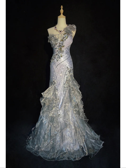 Beauty Prom Dress One Shoulder Tulle Ruffle Gala Dress Evening Dress Business Dinner Dress D2324