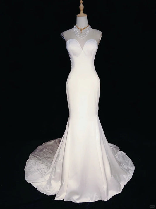 Minimalist Wedding Dress White Crew Neck Backless Mermaid Prom Gown Gala Dress Wedding Dress Evening Dress D2354