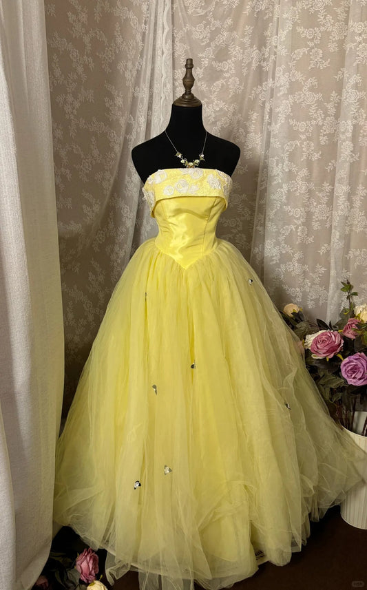 Sweet Ball Gown Strapless Tulle Flower Prom Dress Evening Dress Quinceanera Dress Princess Dress D2367