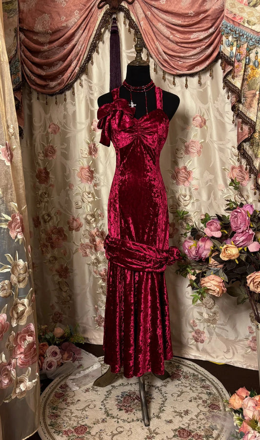 Beauty Prom Dress Velvet Halter Backless Prom Gown Evening Dress Gala Dress Business Dinner Dress D2390