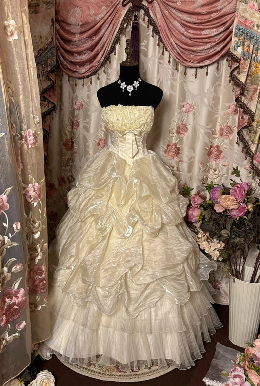 Elegant Prom Dress Strapless Pleated Tiered Ball Gown Evening Dress Birthday Party Dress D2414