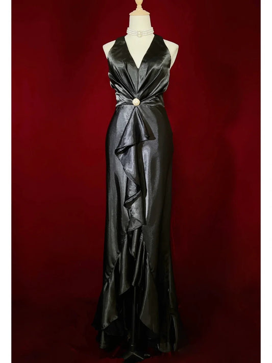 Charming Prom Dress V-neck Backless Ruffle Evening Dress Prom Gown Gala Dress Business Dinner Dress D2440