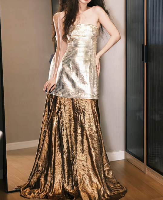 Shiny Prom Dress Strapless Floor Length Prom Dress Evening Dress Gala Dress D2544