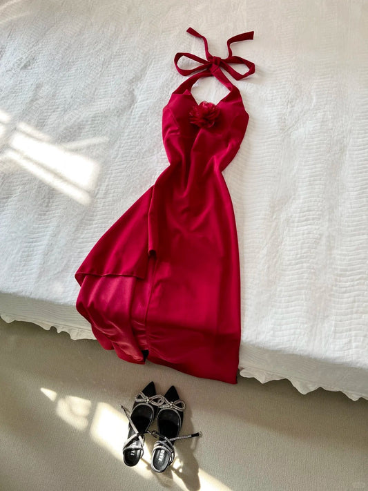 Stunning Prom Dress Halter Slit Wine Red Prom Dress Evening Dress Party Dress D2586
