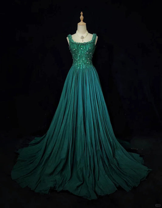Stunning Prom Dress Square Neck Beading Pleated Prom Gown Gala Dress Evening Dresses D2597