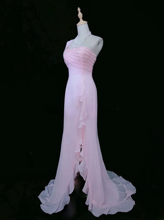 Sweet Prom Dress One Shoulder Ruffle Slit Prom Gown Gala Dress Evening Dresses D2599