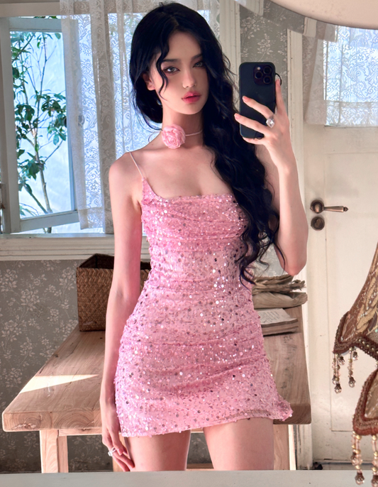 Shiny Homecoming Dress Spaghetti Straps Evening Dresses Birthday Party Dress Short Prom Gown D2617