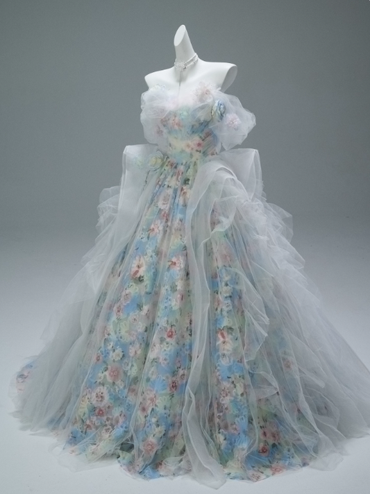 Pretty Prom Dress Off Shoulder Tulle Print Ball Gown Evening Dress Sweet 16 Dress Gala Dress D2641