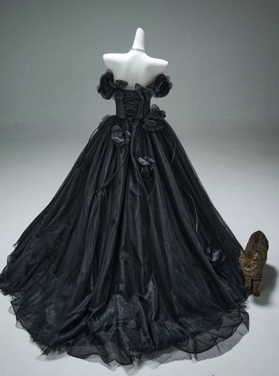 Stunning Prom Dress Black Off Shoulder Flower Pleated Ball Gown Evening Dress Masquerade Ball D2645