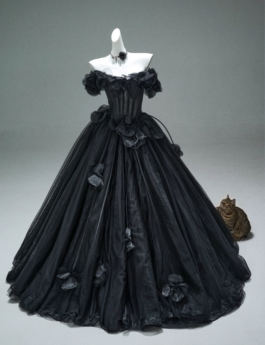 Stunning Prom Dress Black Off Shoulder Flower Pleated Ball Gown Evening Dress Masquerade Ball D2645