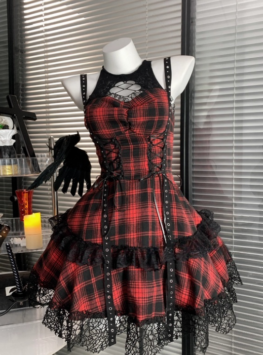 Pretty Crew Neck Checkered Short Women Dress Halloween Costumes Cosplay Dress D2663