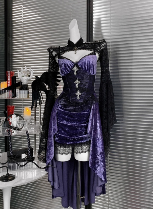 Sexy Spaghetti Straps Velvet Halloween Costumes Cosplay Dress Short Women Dress D2669