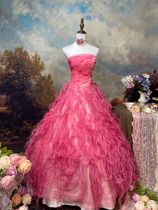 Sweet Prom Dress Strapless Tulle Pleated Ball Gown Evening Dress Quinceanera Dress D2677