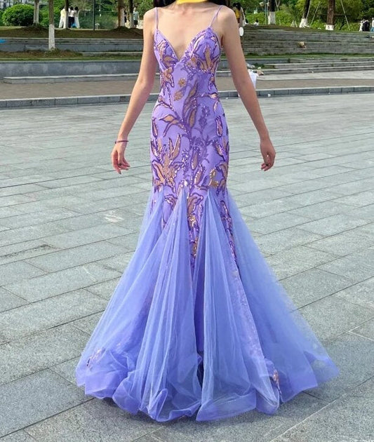 Stunning Prom Dress Spaghetti Straps Tulle Mermaid Prom Gown Evening Dress Party Dress D2684