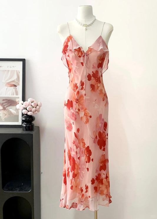 Elegant Prom Dress V-neck Print Ruffle Prom Gown Party Dresses D2689