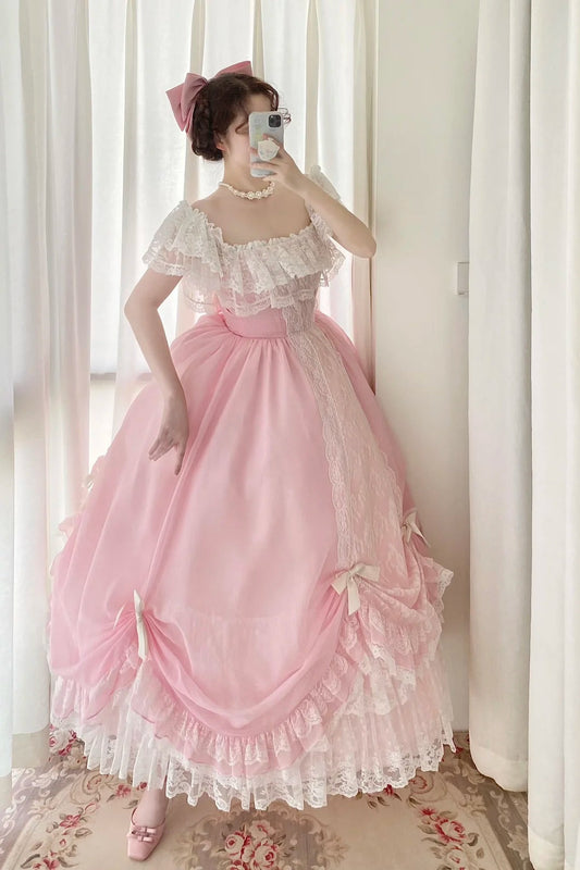 Sweet Prom Dress Pink Square Neck Pleated Ball Gown Evening Dress Quinceanera Dress D2858