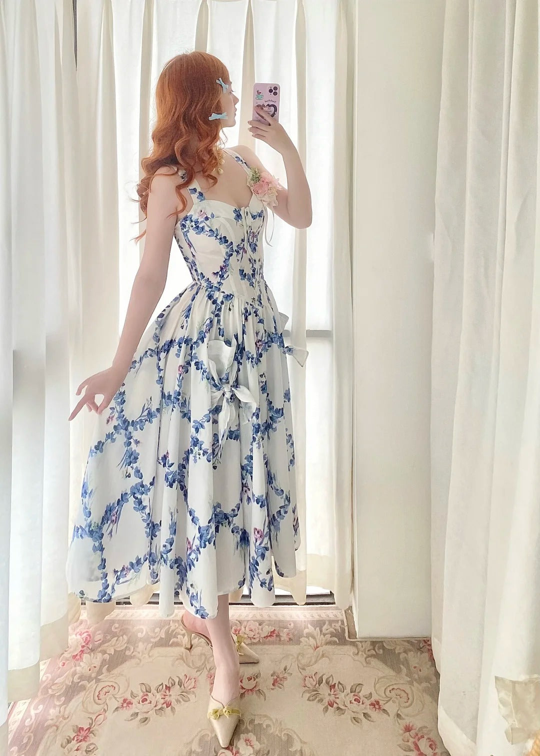 Charming Summer Dress A Line Spaghetti Straps Pleated Print Women Date Dress Vacation Dress D2860