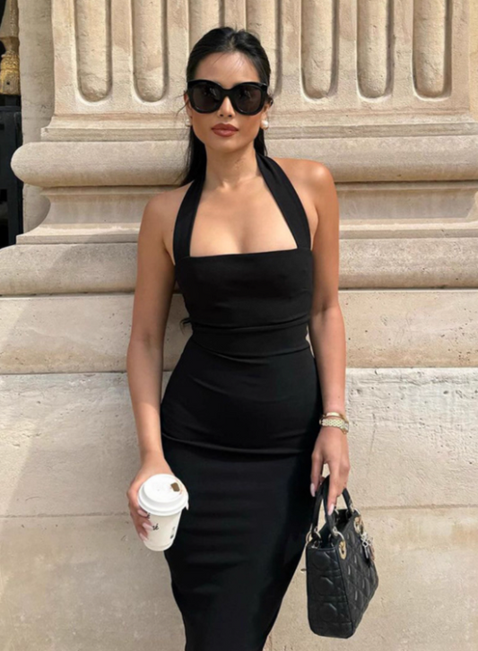 Minimalist Summer Dress Black Halter Ankle Length Women Dress Vacation Outfits Casual Dress D2883