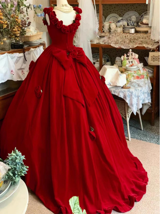 Cute Prom Dress Red Crew Neck Ruffle Pleated Ball Gown Quinceanera Dress Princess Dresses D2939