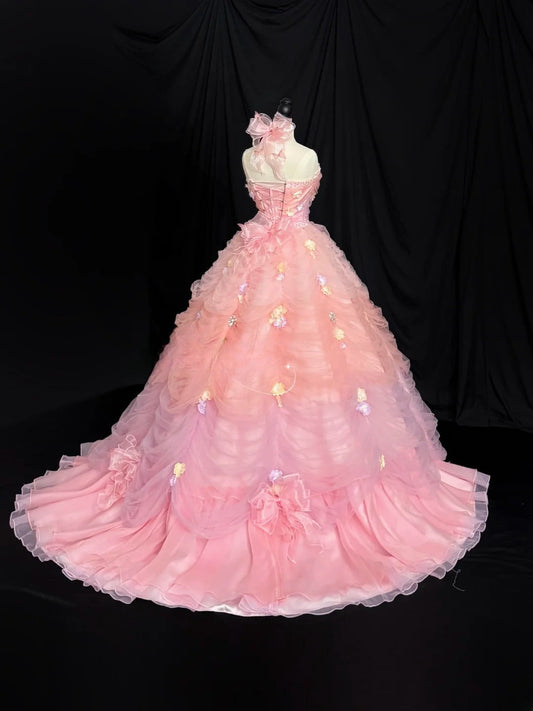 Sweet Prom Dress Strapless Flower Tulle Pleated Ball Gown Evening Dress Quinceanera Dress D2839