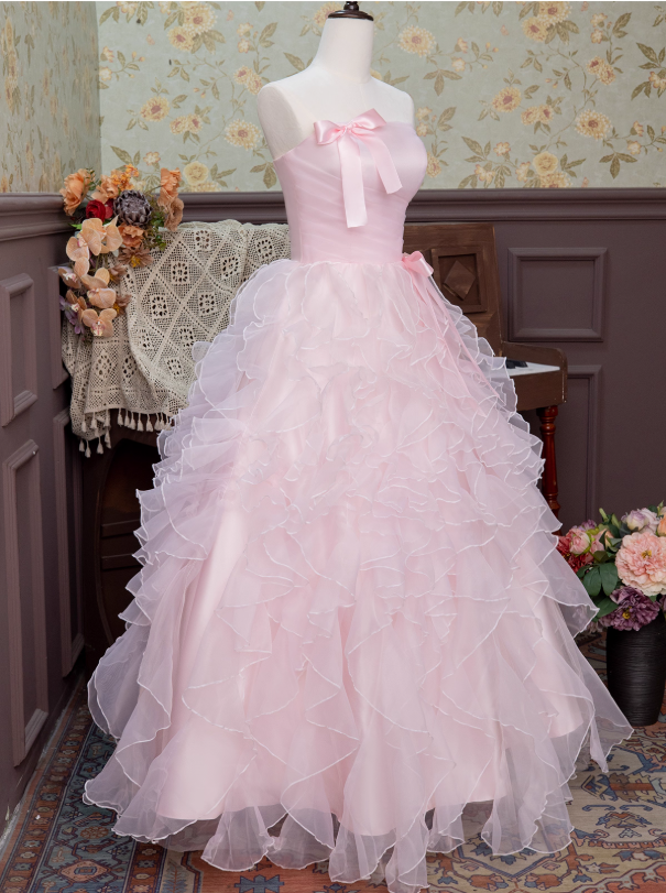 Cute Prom Dress Pink Strapless Pleated Ruffle Ball Gown 16th Dress Evening Dress D2942