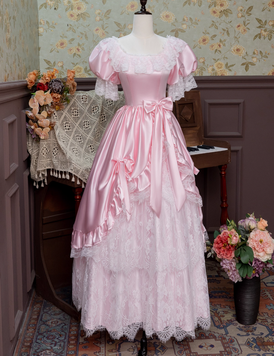 Stunning Prom Dress Pink Square Neck Pleated Lace Evening Dress16th Dress D2943