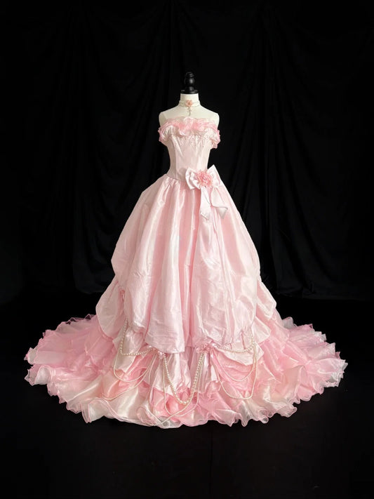 Cute Prom Dress Strapless Ruffle Pearl Ball Gown Evening Dress 16th Dress D2846