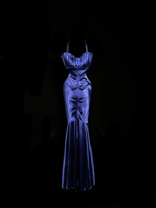 Elegant Prom Dress Navy Blue Spaghetti Straps Pleated Mermaid Gala Dress Evening Dress Party Dress D2951