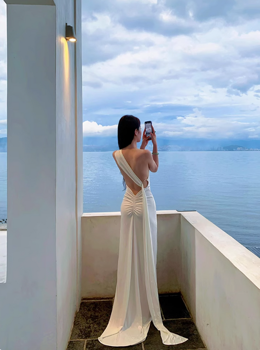Minimalist Women Dress One Shoulder Fitted Pleated Summer Date Dress Seaside Party Dress D2958