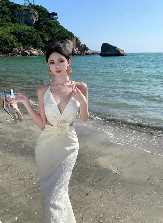 Elegant Women Dress Halter Backless Summer Seaside Dress Vacation Date Dress D2961