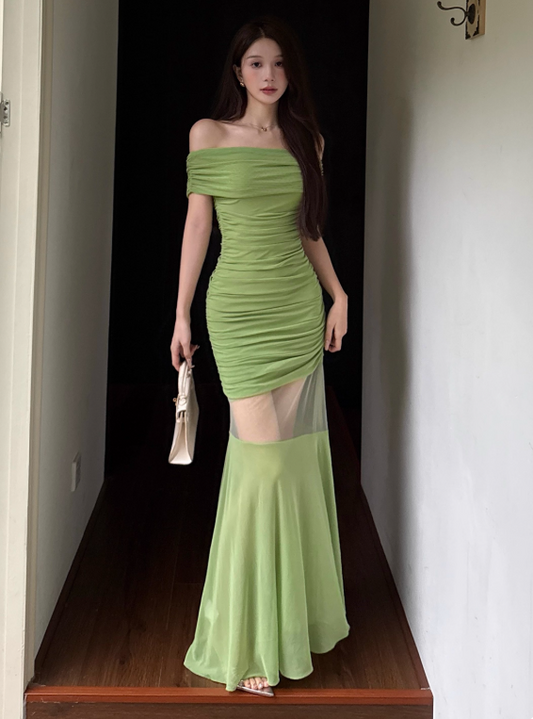 Pretty Summer Dress Off Shoulder Pleated Women Dress Vacation Seaside Date Dress Party Dress D2965