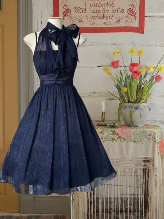 Beauty Homecoming Dress Navy Blue A Line Halter Pleated Short Prom Dress Party Dress Casual Dress D2983