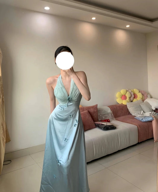 Sweet Prom Dress Light Blue A Line V-neck Party Dress Gala Dress D3006