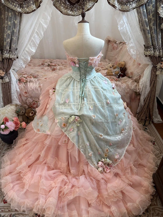 Sweet Prom Dress Strapless Flower Ruffle Ball Gown Evening Dress Quinceanera Dress D3050