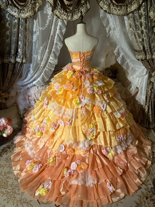 Beauty Prom Dress Strapless Flower Tiered Ball Gown Evening Dress Sweet 16 Dress D3052