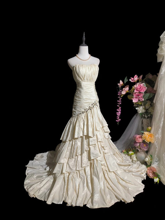 Charming Prom Dress Strapless Pleated Tiered Mermaid Evening Dress Gala Dress D3063