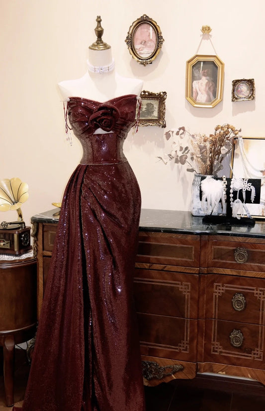 Shiny Prom Dress Strapless Pleated Rose Evening Dress Gala Dress D3079