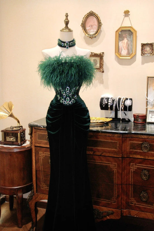 Charming Prom Dress Dark Green Strapless Crystal Pleated Evening Dress Gala Dress D3080