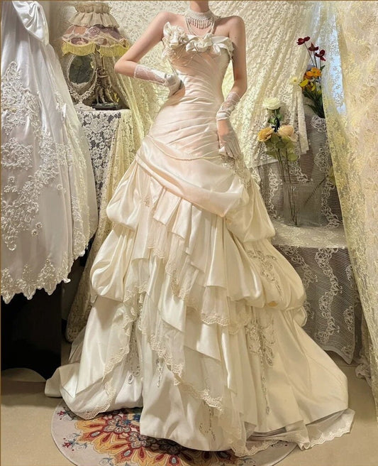 Charming Prom Dress Strapless Pleated Tiered Birthday Party Dress Evening Dress D3091