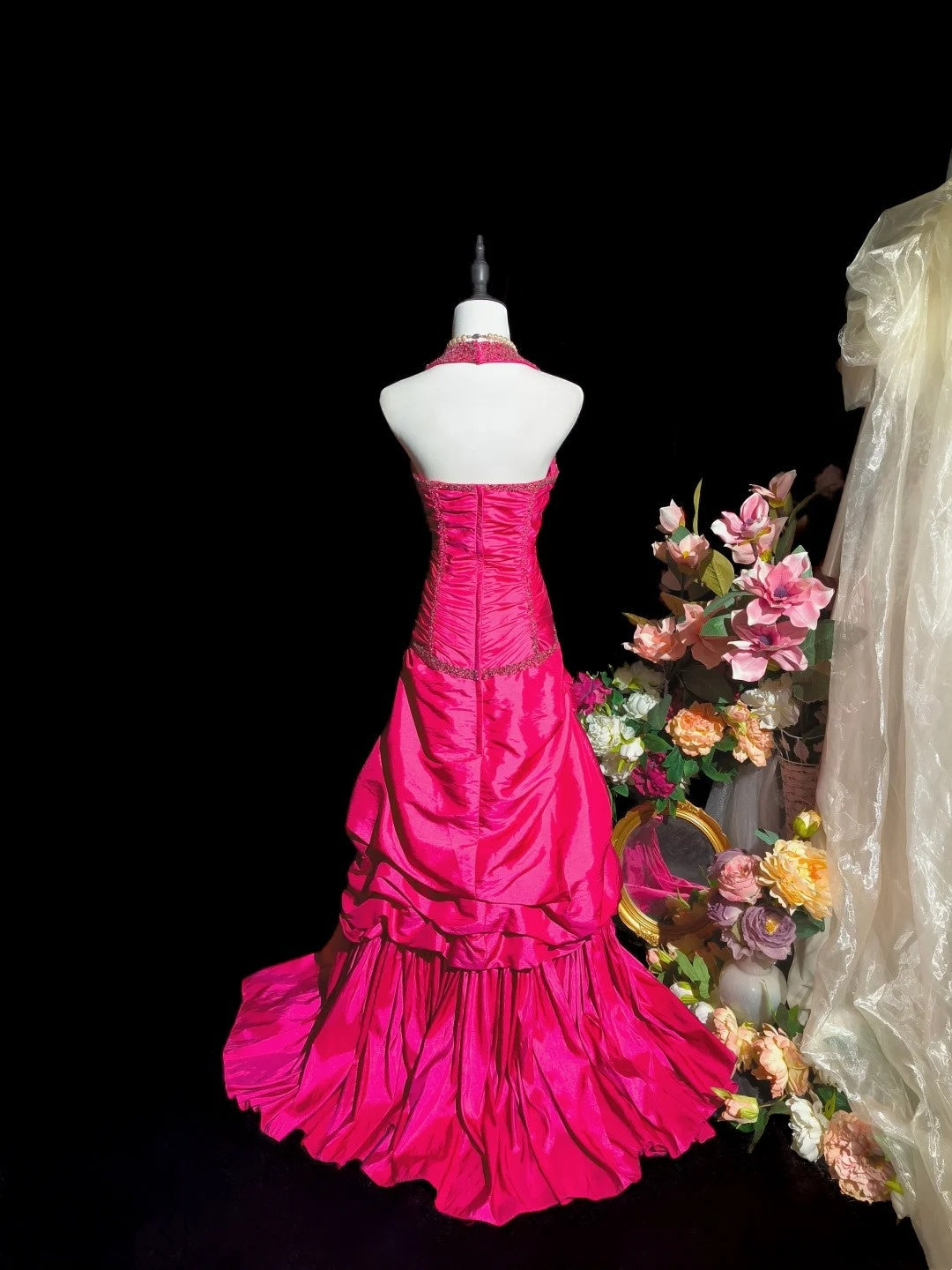 Charming Prom Dress Hot Pink A Line Halter Pleated Evening Dress Gala Dress D3104