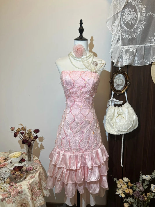 Sweet Homecoming Dress Light Pink Strapless Tiered Short Prom Dress Birthday Party Dress D3126