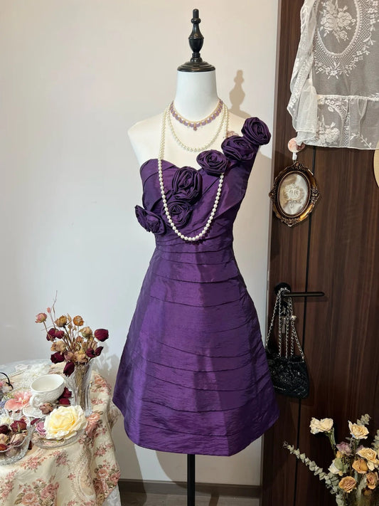 Elegant Homecoming Dress A Line One Shoulder Pleated Short Prom Dress Evening Dress Cocktail Dress D3128