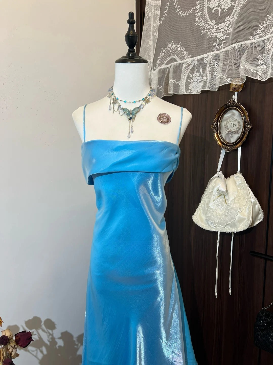 Shiny Prom Dress Blue A Line Spaghetti Straps Evening Dress Gala Dress D3132