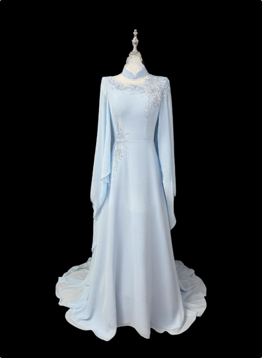 Beauty Mother of Bride Dress A Line Long Sleeve Pleated Mother of Bride Dress D3151