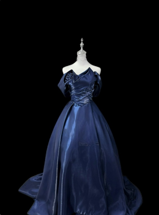 Stunning Prom Dress Dark Blue Asymmetrical Neck Pleated Ball Gown Evening Dress D3152