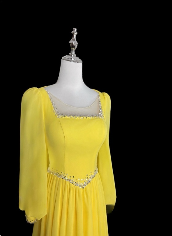 Elegant Prom Dress Yellow Crew Neck Pleated Evening Dress Gala Dress Mother of Bride Dress D3155
