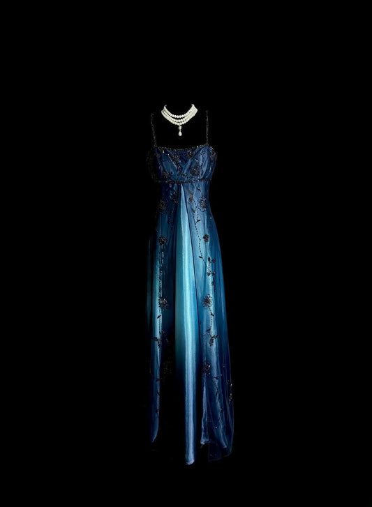 Stunning Prom Dress Gradient Blue Spaghetti Straps Long Evening Dress Gala Dress D3200